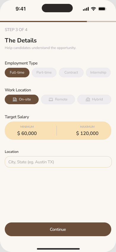 Employer onboarding for employment type, work location, salary and location