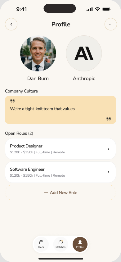 Employer profile with personal identity, company identity, culture and open roles