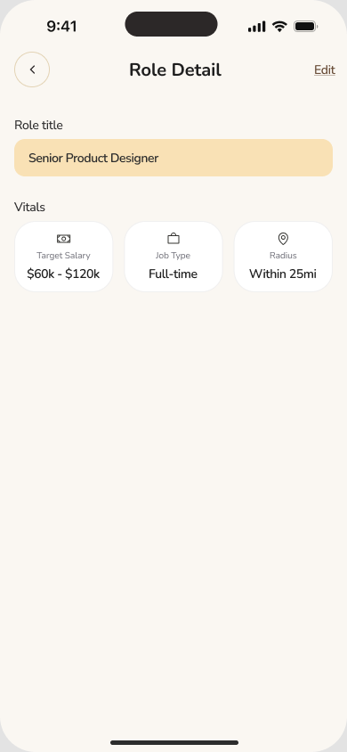 Employer role detail with title, target salary, job type and radius