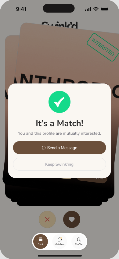 Swink'd mutual match confirmation with actions to send a message or keep discovering