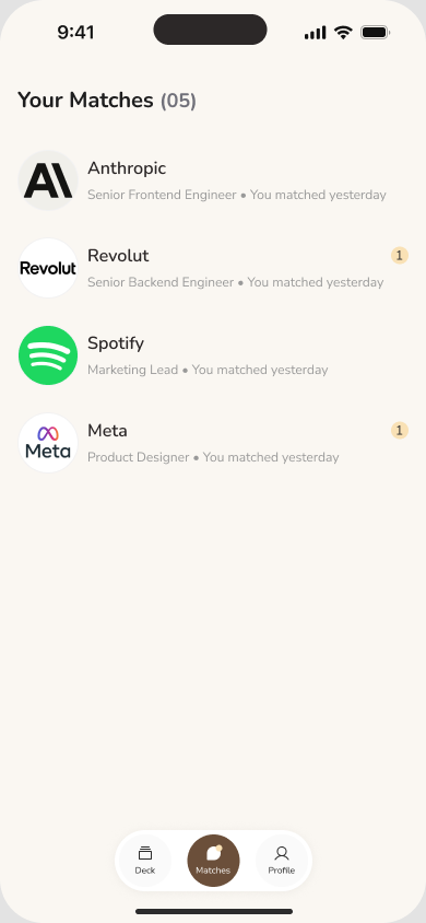 Job-seeker match list with employers, roles and unread indicators
