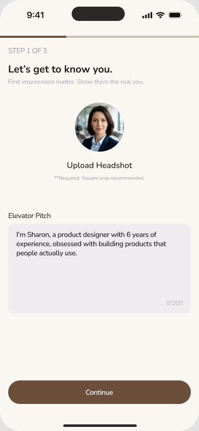 Job-seeker onboarding for a headshot and elevator pitch