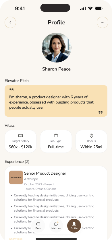 Job-seeker profile with elevator pitch, salary, job type, radius and experience