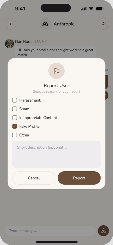 Report-user dialog over an active Swink'd conversation with selectable reporting reasons