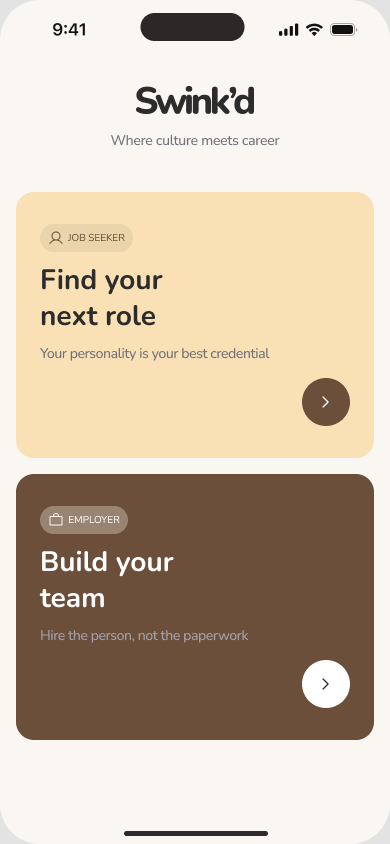 Swink'd role selection with job-seeker and employer options