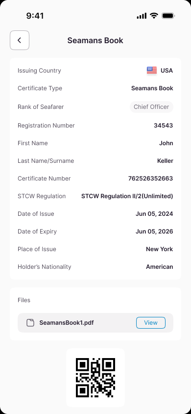 Wave Seamans Book detail with certificate fields, file and QR code