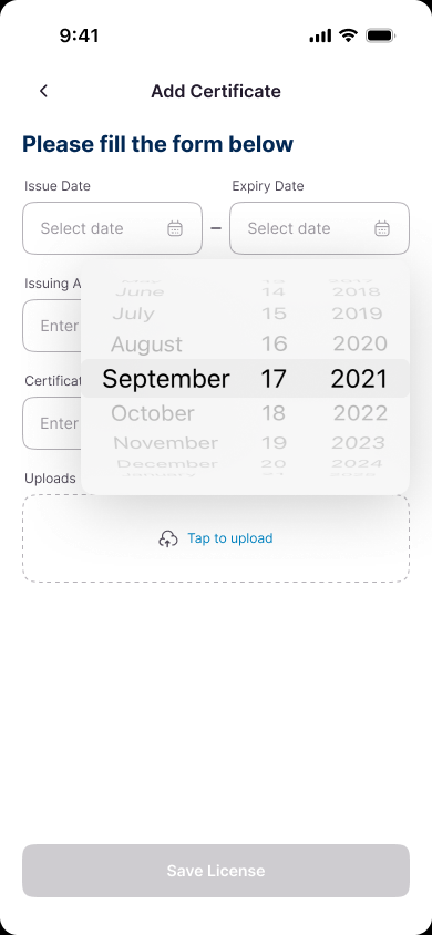 Wave certificate form with issue and expiry date picker