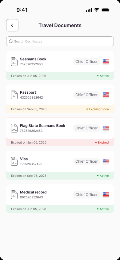 Wave travel-document list with active, expiring and expired certificate states