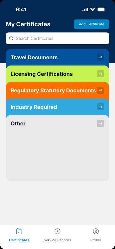 Wave certificate wallet with color-coded document categories