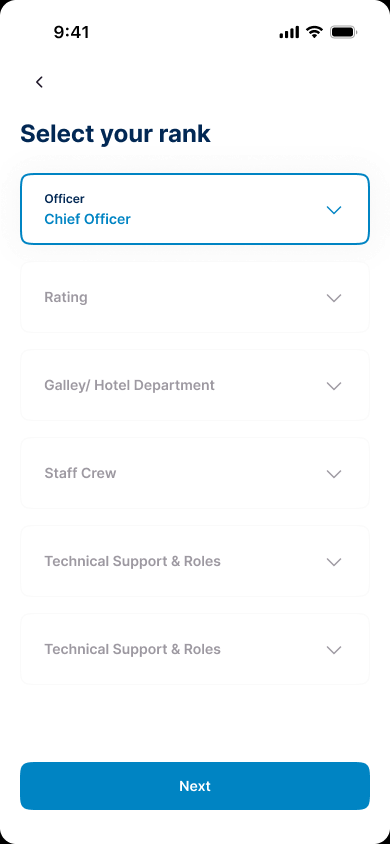 Wave onboarding screen for selecting a maritime rank