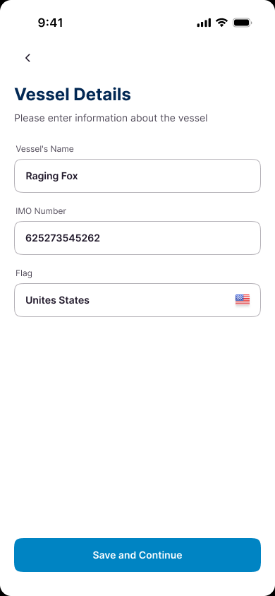 Wave vessel details form with vessel name, IMO number and flag