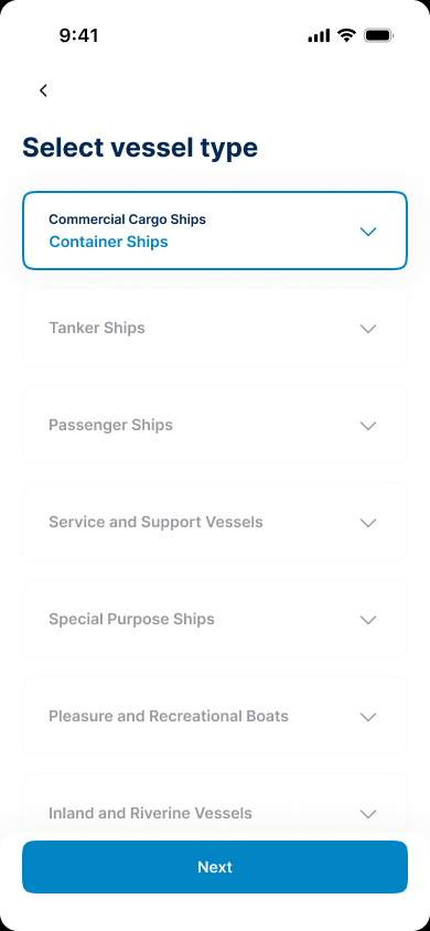 Wave onboarding screen for selecting a vessel type
