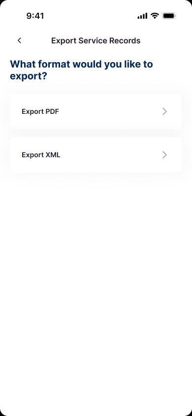 Wave service-record export format selection for PDF or XML