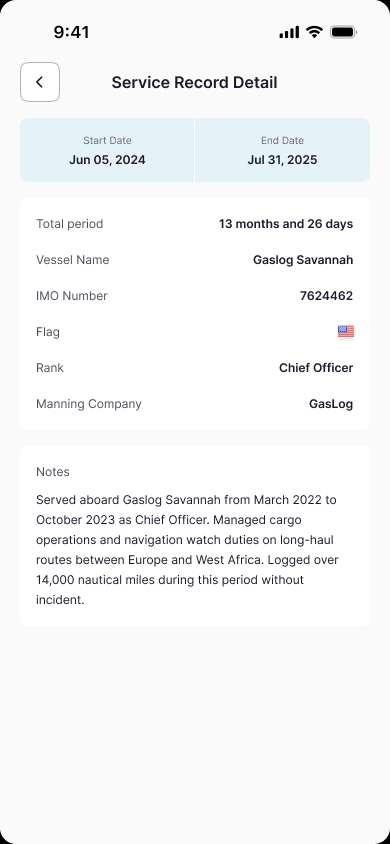 Wave service-record detail with dates, vessel, rank and notes