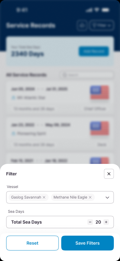 Wave service-record filter for vessels and total sea days