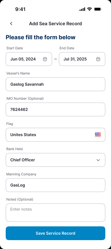 Wave form for adding a sea-service record