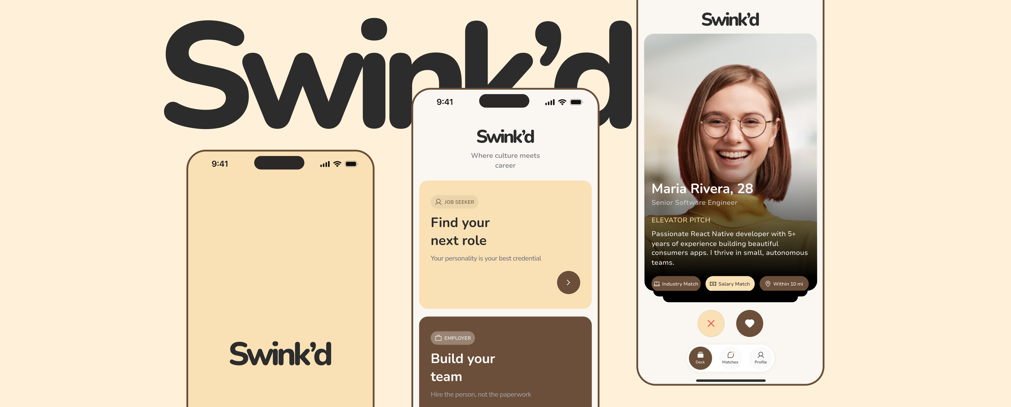 Swink'd mobile product composition with splash, role selection and candidate discovery screens