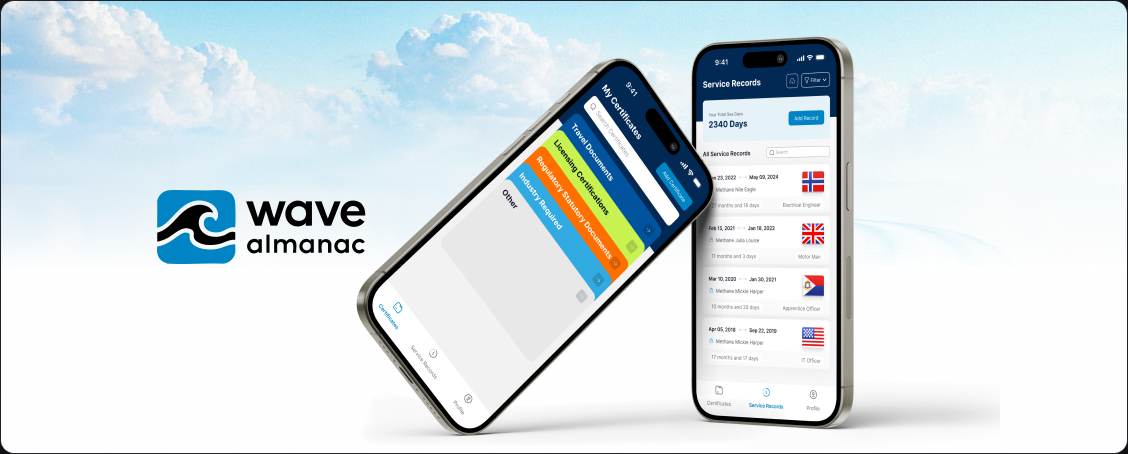 Wave Almanac mobile maritime records and certification screens